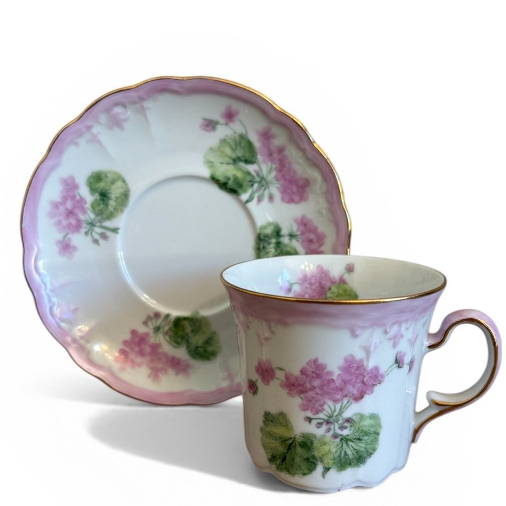 Seltmann Weiden Bavaria Geranium Tea Cup Saucer Set Pink Floral Gold Gilt Trim‎
